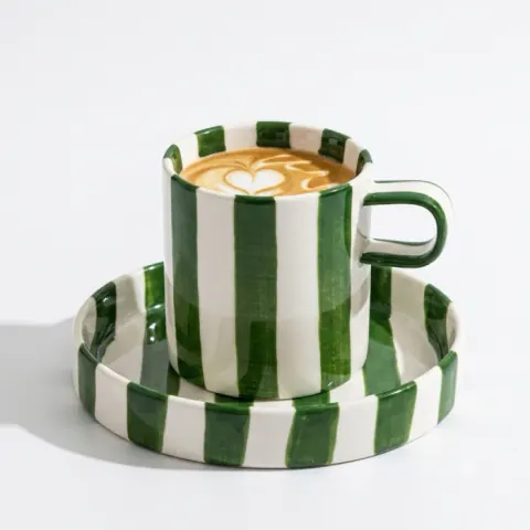 Lorída green striped ceramic mug and saucer set